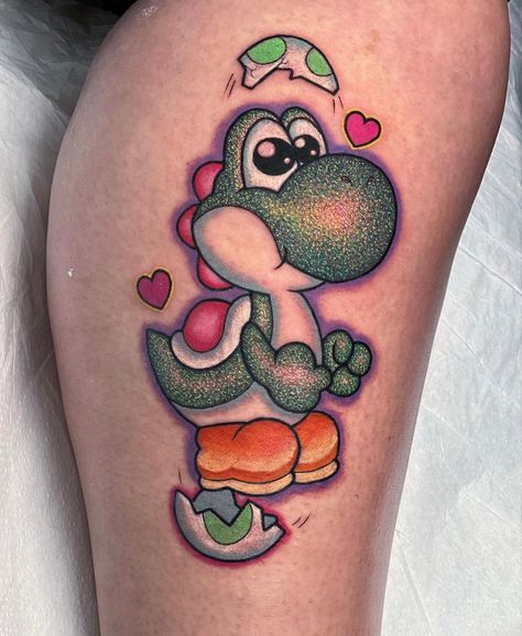 Glitter Tattoo Designs, Yoshi Tattoo Design, Yoshi Tattoos, Yoshi Tattoo, Island Tattoo, Dinosaur Tattoos, Coffee Tattoos, Marvel Tattoos, Moon Tattoo Designs