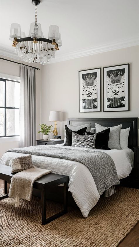 Gray White Brown Bedroom, Grey Black And Brown Bedroom, Black White Brown Bedroom, Dark Headboard Bedroom Decor, Dark Wood Bed Frame Room Ideas, Cream Bedroom Walls, Black Headboard Bedroom Ideas, Black Headboard Bedroom, White And Brown Bedroom