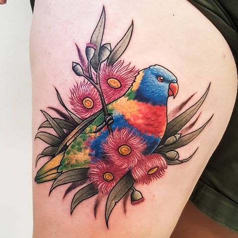 Today I got to add a Lorikeet to my list of australian animals I have tattooed. Thankyou Debbie! xo  #Lorikeet #RainbowLorikeet #Lorikeettattoo #tattoos (at Tattooed Warrior Tattoo Studio) Lorikeet Tattoo, Australian Flower Tattoo, Fauna Tattoo, Darling Tattoo, Parrot Tattoos, Australian Backyard, Coverup Ideas, Floral Arm Tattoo, Australia Tattoo