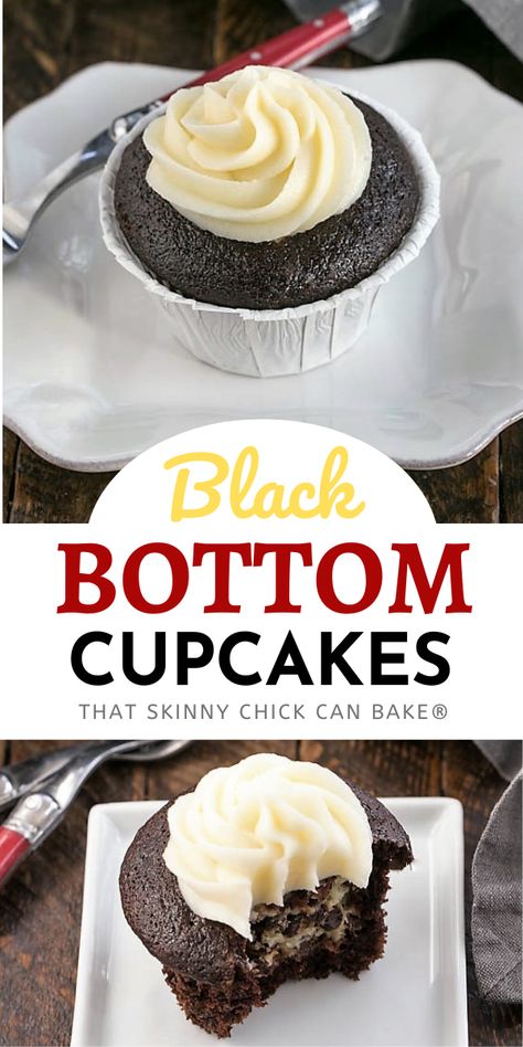 Frosted Black Bottom Cupcakes - Cocoa Cupcakes with a chocolate chip studded cream cheese filling and a swirl of dreamy cream cheese frosting. A perfect dessert for both chocolate and cheesecake lovers! Black Bottom Cupcakes With Frosting, Black Bottomed Cupcakes, Blackbottom Cupcakes Easy, Chocolate Cupcakes With Cream Cheese Filling, Cream Cheese Filled Cupcakes Recipes, Cupcakes With Cream Cheese Filling, Chocolate Cream Cheese Cupcakes, Chocolate Cupcakes With Cream Cheese, Cocoa Cupcakes