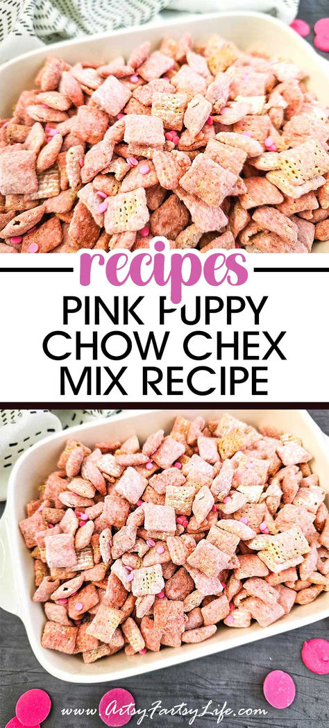 Pink Puppy Chow Chex Mix Recipe Rainbow Puppy Chow, Colored Puppy Chow, Puppy Chow Chex Mix Recipe Easy, Pink Snacks For Party Food Ideas, Pink Puppy Chow Recipe, Pink Puppy Chow, Pink Foods For Party, Puppy Chow Chex Mix, Puppy Chow Chex