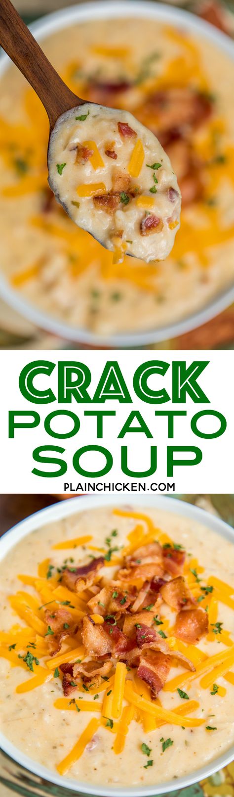 Slow Cooker Crack Potato Soup - potato soup loaded with cheddar, bacon and ranch. This soup is SO addictive! I wanted to lick the bowl!!! Frozen hash browns, cream of chicken soup, chicken broth, cheddar, bacon, ranch, cream cheese. Everyone RAVES about this easy soup recipe. All you need is some cornbread or biscuits and dinner is done!!! #slowcooker #soup #cheddar #bacon #ranch #potatosoup Potato Soup Loaded, Soup Chicken Broth, Soup Potato, Chicken Cooker, Soup Chicken, Crock Pot Recipes, Loaded Potato, Bacon Ranch, Hash Browns