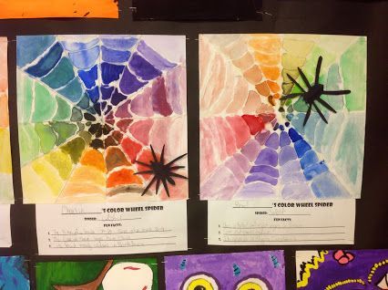 color wheel spider web art. Art lesson for kids. Kindergarten Color Theory Projects, Elements Of Art Color Projects, Halloween Art Lessons, Color Wheel Art Projects, Color Wheel Projects, Color Projects, Color Wheel Art, Color Theory Art, Color Lessons