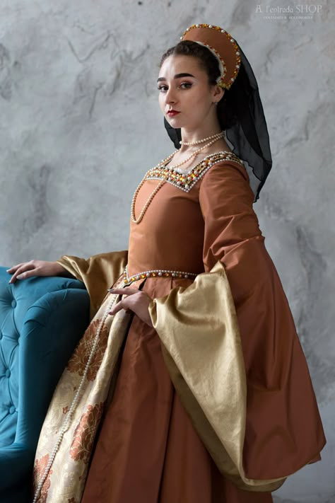 Medieval Baroque Dress For Fancy Dress Occasions, Baroque Medieval Dress Costume, Regency Style Medieval Costume Dress With Historical Design, Medieval Baroque Dress For Weddings, Medieval Costume Dress With Historical Design, Historical Medieval Wedding Dress With Long Sleeves, Traditional Long Sleeve Victorian Dress With Historical Design, Baroque Medieval Wedding Dress, Elegant Medieval Dress For Larp With Historical Design