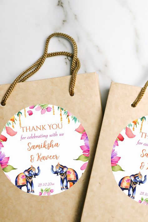 Indian wedding elephants cerise flowers wedding favor gift thank you stickers Indian wedding favors Thank You Tags For Favors, Return Gifts Indian, Indian Favors, Wedding Favors For Men, Indian Wedding Gifts, Indian Wedding Favors, 25th Anniversary Gifts, Wedding Thank You Gifts, Wedding Gifts Packaging