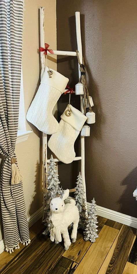 We Love Farmhouse! | Ladies what would you add to this ladder to blend it all together | Facebook Red Ribbon, Our Love, Stockings, Farmhouse, Christmas Decorations, Ribbon, Holidays, Christmas, Red