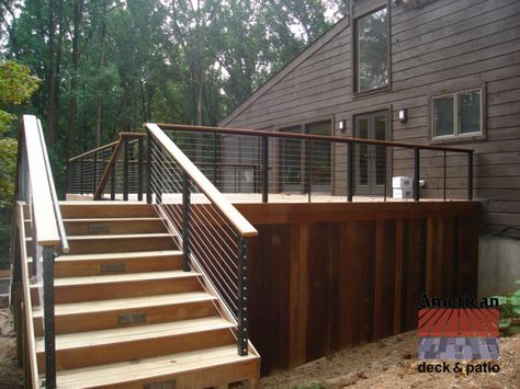 Modern Cable Rails Railings For Steps, Deck Skirt, Modern Fencing, Exterior Handrail, Deck House, Architecture Gallery, Deck Skirting, Contemporary Deck, Wrought Iron Stair Railing