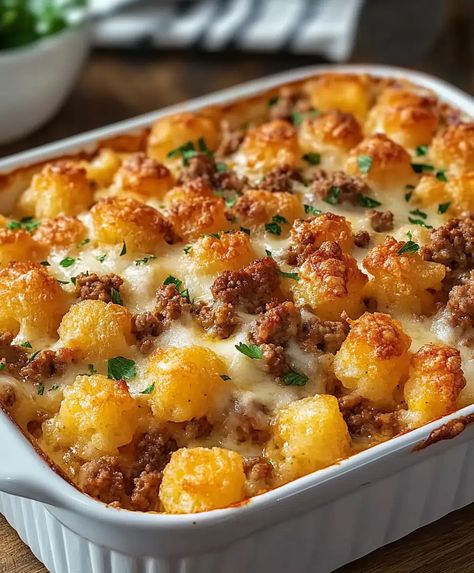 Tater Tot Casserole With Ground Beef Recipe - sandyrecipes.com Tater Tot Casserole Big Mac, Crockpot Tater Tot Casserole With Ground Beef, Gator Tot Hot Dish, Homemade Tater Tot Casserole, How To Make Tater Tot Casserole, Mac And Cheese Tator Tot Casserole, Hamburger Casserole With Tater Tots, Tater Tot Cowboy Casserole, Cheeseburger Tot Casserole