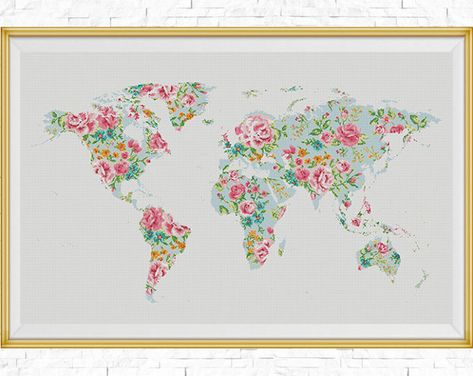 BOGO FREE! Floral World Map Cross Stitch Pattern, World Map Silhouette Flowers Counted xStitch Chart, Modern Decor, PDF Download #025-17-4 Earth Silhouette, World Map Cross Stitch, World Map Silhouette, Map Cross Stitch Pattern, Cross Stitch Map, Map Cross Stitch, Earth Map, Diy Letters, Cross Stitch Patterns Flowers