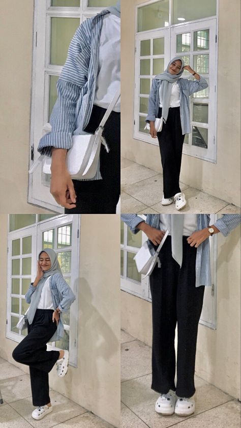 Ootd Kulot Item, Ootd Jumpsuit Hijab Jeans, Outfit Celana Jeans, Outfit Mantai, Outfit Celana Kulot, Outfit Kulot, Ootd Korean Style Hijab, Outfit Hijab Ideas, Mix And Match Outfits Hijab