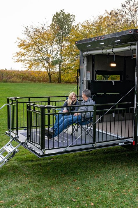 Diy Cargo Trailer, Porch For Camper, Trailer Camper Conversion, Enclosed Trailer Camper, Trailer Deck, Cargo Trailer Camper Conversion, Travel Trailer Living, Cargo Trailer Conversion, Camper Interior Design