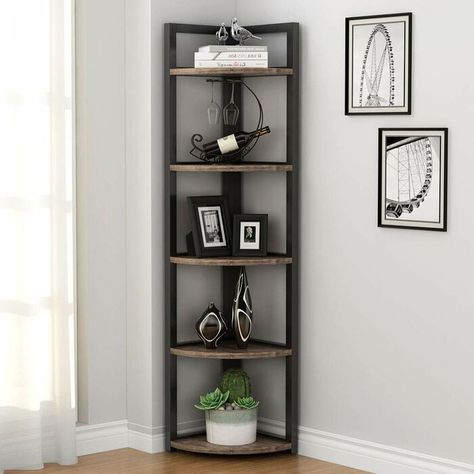 17 Stories Mayra 59" H x 10.8" W 5-Tier Corner Shelf | Wayfair Corner Shelves Living Room, Corner Shelf Ideas, Corner Shelving Unit, Corner Storage Shelves, Small Bookcase, Small Bookshelf, Corner Bookshelves, Home Office Kitchen, Bookshelf Storage