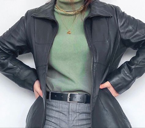 Sage Green Turtleneck Outfit, Leather Jacket With Turtle Neck, Turtleneck And Leather Jacket, Green Turtleneck Outfit, Turtleneck Outfits, Turtleneck Outfit, Green Turtleneck, Hijab Outfits, Green Turtle