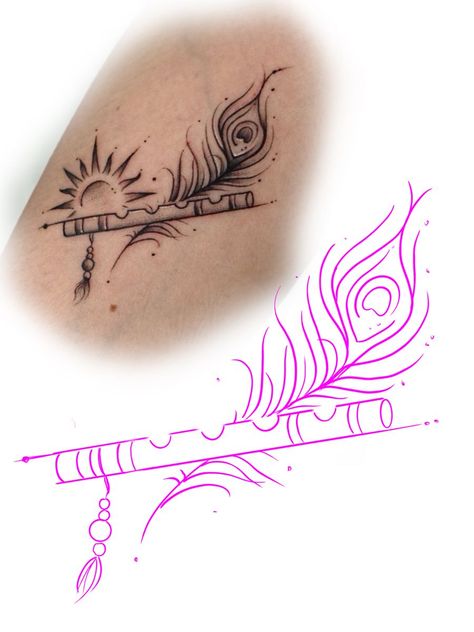 Lord Krishna Flute Tattoo, Flute With Peacock Feather Drawing, Flute With Feather Tattoo Designs, More Pankh Tattoo, Flute Tattoo Design, Feather With Flute Tattoo, Krishna Flute Tattoo, Morpankh Tattoo, Mor Pankh Tattoo