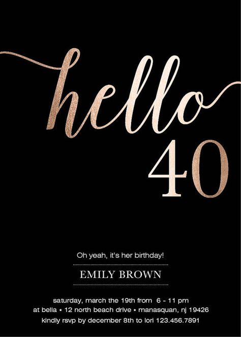 These black and gold 40th birthday invitations are a perfect way to invite friends and family to a party! I can print your cards or simply purchase just the digital file and print yourself! ||||||||||||||| FREE SHIPPING ON ALL ORDERS ||||||||||||||| Purchase as many 40th birthday invitations as you need. DIGITAL FILE ALSO AVAILABLE {no cards will ship} PDF } Good for home printing file comes 2-up on a 8.5 x 11 sheet with bleeds and crop marks JPG } For attaching to an email If using Vis... Hello 50, Hello 40, Hello 30, Happy Birthday Cards Printable, Forty Birthday, 60th Birthday Invitations, 30th Birthday Invitations, 50th Birthday Invitations, 40th Birthday Invitations