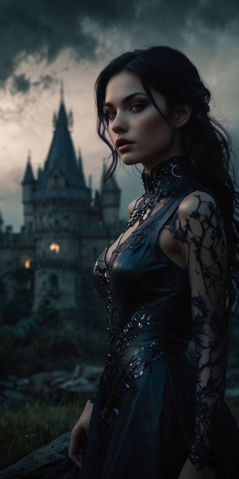 Heiress Aesthetic Dark, Phantasma Characters, Gothic Woman Aesthetic, Black Gown Photoshoot, Female Mage Character Art, Women With Long Black Hair, Female Character Inspiration Black Hair, Black Witch Aesthetic, Dark Hair Woman