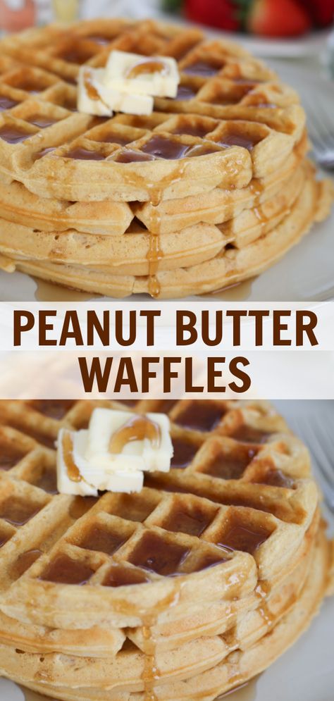 Delicious Peanut Butter Waffles are the perfect breakfast for peanut butter lovers! Fluffy waffles full of peanut flavor and chopped peanuts. Peanut Butter Waffles Healthy, Peanut Butter Breakfast Recipes, Peanut Butter Egg Waffle, Peanut Butter Waffles Easy, Peanut Butter Waffle Recipe, Peanut Butter Waffle, Peanut Butter Ideas, Waffle Wednesday, Peanut Butter Waffles