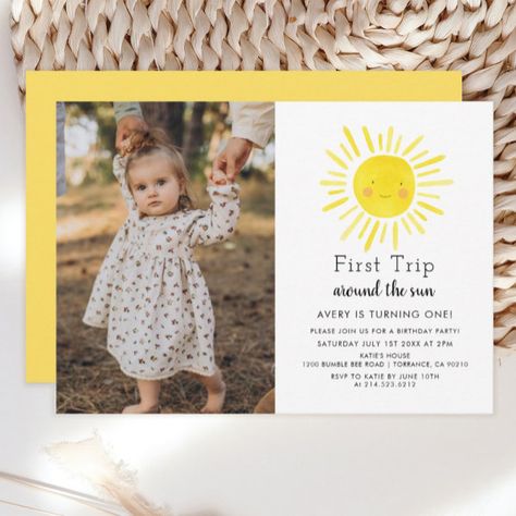 First Trip Around The Sun 1st Birthday Photo Invitation Sunshine First Birthday, Boho Sunshine, Birthday Boho, Sun Birthday, 1st Birthday Photo, First Trip Around The Sun, 1st Birthday Party Invitations, Sunshine Birthday, Photo Birthday Invitations