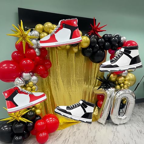 Amazon.com: Boy Shoes Balloon/Basketball Shoes Sneaker Balloons/Sports Logo Balloon Sports Decoration/Boy Birthday Foil Balloon/Check Mark Shoes/Father Birthday Boy Birthday Decorations (Black+Red 4 PCS) : Toys & Games Nike Balloon Garland, Sneaker Balloon Decor, Air Jordans Birthday Party, Sneaker Ball Decorations For Kids, Jordan Sneaker Theme Party, Sneaker Balloon Mosaic, Red And Black Shoes, Balloon Logo, Hoco 2024