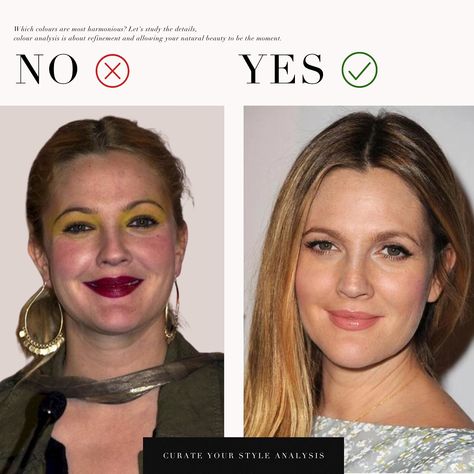 Whilst we recognise the makeup application is far more dramatic on the left, even with a less dramatic application, the same colour rules would apply Soft Autumn Makeup, Soft Autumn Palette, Colour Analysis, Seasonal Color Analysis, Soft Autumn, Drew Barrymore, Fall Makeup, Color Analysis, July 10