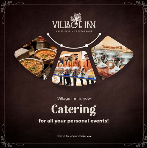 Bring the Village Inn experience to your event! Enjoy our delicious catering services now available for your outdoor gatherings. Call us or DM us for more information....#CateringServices #OutdoorEvents #EventCatering #VillageInnExperience #DeliciousFood #PartyCatering #SustainableFood #IndianTaste #CateringServiceProvider #GoodFood #FoodService #Caterers #WeddingCaterers #CaterersOfInstagram #WeddingCatering #Restaurant #MulticuisineRestaurant #VillageInn #VillageInnRestaurant #eleganttheme Creative Ads For Restaurants, Catering Social Media Design, Catering Poster Design Ideas, Catering Services Design, Catering Advertising Ideas, Catering Services Poster, Catering Social Media Post, Catering Creative Ads, Flier Backgrounds