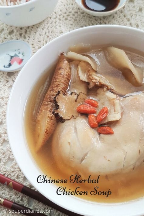 Chinese Herbal Chicken Soup - A gentle tonic to promote good health and nourish the body. Herbal Chicken Soup, Confinement Food, Healthy Chicken Soup, Chinese Soup Recipes, Campbells Soup Recipes, Herb Soup, Vegetarian Chicken, Mapo Tofu, Tortilla Soup Recipe