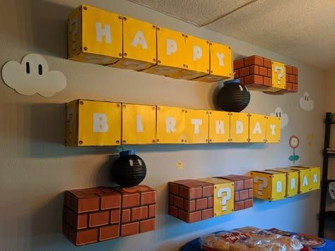 Diy Mario Backdrop, Princess Peach Birthday Party Decorations, Mario Classroom Theme, Mario Birthday Party Decorations, Mario Party Decorations, Mario Brothers Birthday Party, Princess Peach Party, Mario Kart Party, Mario Bros Birthday Party Ideas