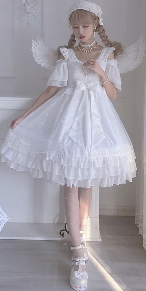 Kawaii White Dress, Cute Anime Outfits Kawaii, Angelcore Outfit Aesthetic, Angel Outfit Ideas, Lotia Dresses, Angel Aesthetic Outfit, Angelcore Clothes, Angel Core Outfit, Angelcore Outfits