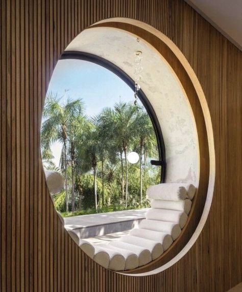 Room Window Design Modern, Interesting House Ideas, Shape And Form Interior Design, Interior Design Mirror Wall, Wooden Room Ideas, Dream House Nature, Form In Interior Design, Interior Window Design, Circle Window Design