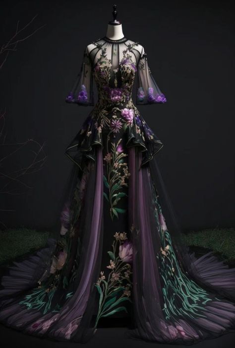 Dark Purple Fantasy Dress, Purple Fantasy Dress, Purple Quince Dress, Black Fantasy Dress, Dark Mori, Fantasy Dresses, Art Clothing, Reference Pictures, Old Dresses