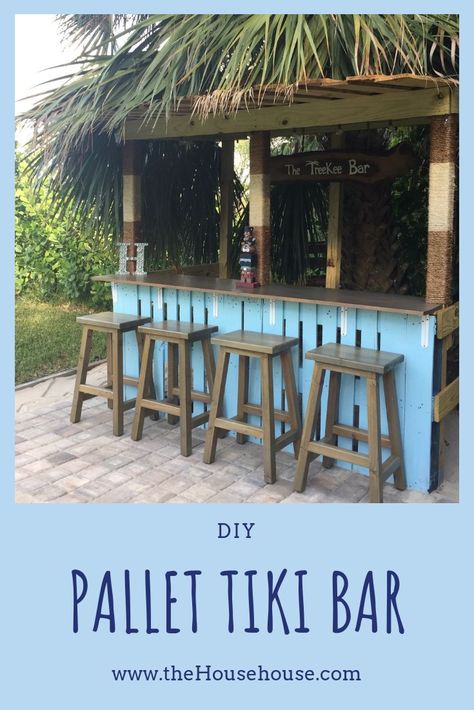 See how we made this fun tiki bar out of pallets! Pallet Tiki Bar, Tiki Bars Backyard, Tiki Bars Diy, Tikki Bar, Bar Furniture For Sale, Outdoor Tiki Bar, Tropical Patio, Diy Outdoor Bar, Backyard Barbeque