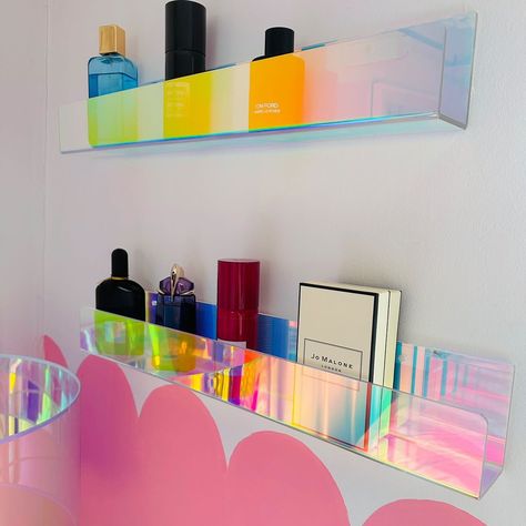 Show off your treasures on our iridescent shelves—where style meets sparkle! ✨📚 ⁠ ⁠ #ShelfieStyle #IridescentDecor #TreasureDisplay Neon Acrylic Shelves, Iridescent Decor House, Iridescent Shelves, Perspex Shelves, Bookshelves Kids Room, House Entrance Lobby, Acrylic Bookshelves, Iridescent Decor, Acrylic Bookshelf