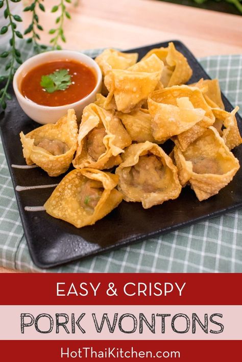 This Thai fried pork wonton recipe is a perfect make ahead appetizer: wrap them, fridge them, and fry when ready to eat! #wontons #pork #appetizer #fried #crispy #partyfood Fried Pork Wonton Recipes, Pork Wonton Recipe, Make Ahead Appetizer, Pork Wontons, Wonton Recipe, Fried Wonton, Sweet Chili Sauce Recipe, Asian Appetizers, Chinese Bbq Pork