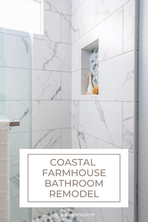 White_Modern_Farmhouse_Bathroom Coastal Master Bathrooms, Coastal Bathroom Shower Tile Ideas, Modern Coastal Farmhouse Bathroom, Coastal Tile Bathroom, Coastal Shower Ideas, Small Coastal Farmhouse, Coastal Small Bathroom Ideas, White Shiplap Bathroom, Coastal Bathroom Tile Ideas