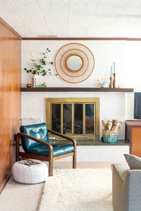 Best decor for fireplace mantles | Feng Shui | Girlfriend is Better Mid Century Modern Living Room Furniture, Mid Century Living Room Decor, Mid Century Modern Living Room Decor, White Brick Fireplace, Brick Fireplace Makeover, Mid Century Living Room, Mid Century Modern Living, Mid Century Modern Living Room, Modern Fireplace