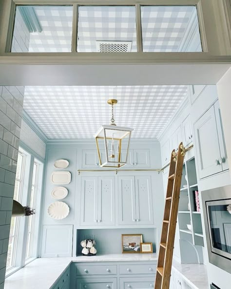 Short Ceiling Ideas, Accent Ceiling Ideas, Baby Blue Kitchen, Victorian Diy, Pantry Wallpaper, Ceiling Accent, Ceiling Covering, Accent Ceiling, Pantry Wall