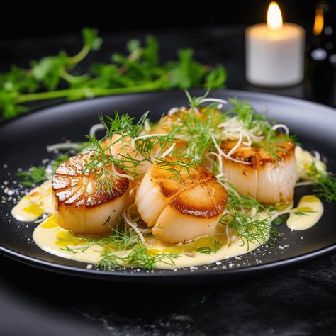 Pan-Seared Scallops with Lemon Beurre Blanc and Fennel Salad Recipe Polenta And Scallops, Scallop Starter Recipes, Light Date Night Dinner, Fine Dining Scallops, Summer Fine Dining Dishes, Gourmet Seafood Recipes, Scallops Dinner Ideas, Gorgonzola Tart, Lemon Dishes