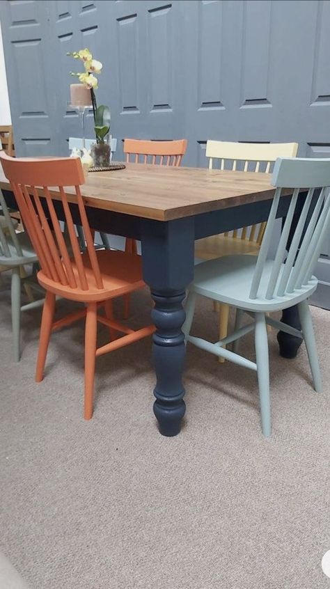 Blue Farmhouse Table, Wood Table And Chairs Makeover, Coloured Chairs Dining Table, Different Colour Chairs Dining Tables, Upcycled Dining Table Painted Furniture, Solid Pine Dining Table, Wood Table Chair Ideas, Old Table Modern Chairs, Colourful Kitchen Chairs