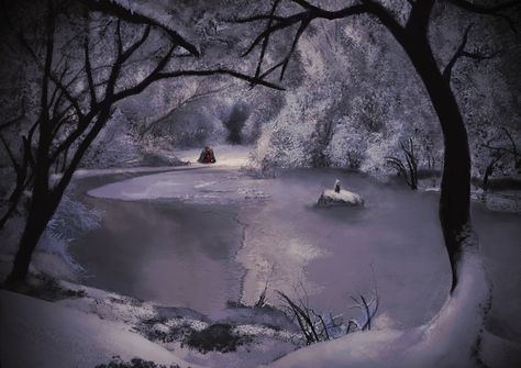 Concept art - Frozen lake Winter Concept Art, Ice Lake Aesthetic, Frozen Pond Aesthetic, Ice Forest Fantasy Art, Frozen Lake Aesthetic, Frozen Forest Aesthetic, European Forest, Frozen Environment Concept Art, Frozen Fantasy Landscape