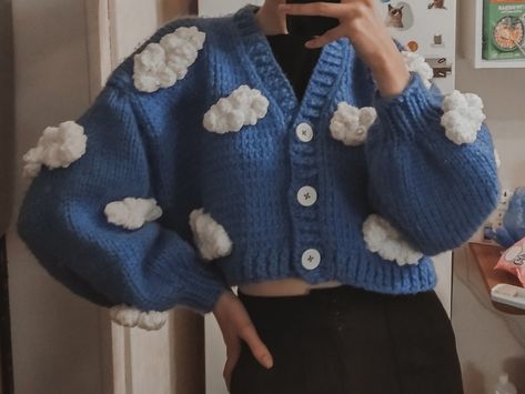 Blue And White Crochet Cardigan, Cloud Cardigan Outfit, Cloud Aesthetic Clothes, Cloud Core Aesthetic Outfits, Cloudcore Aesthetic Outfits, Crochet Cloud Cardigan, Cloudcore Outfits, Aesthetic Pastel Outfits, Blue Crochet Cardigan