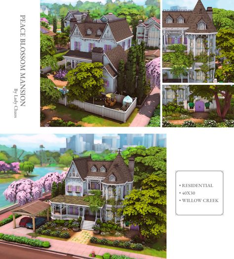 Peace Blossom Mansion [cc-free] Willow Creek House, Creek House, Bedroom Drawing, Sims 4 House Building, Willow Creek, Historical Monuments, Sims 4 Build, Sims 4 Houses, New Build