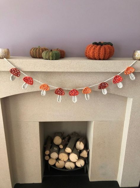 Fall Cottage Core Decor, Mushroom Crochet Garland, Autumn Crochet Projects, Fall Crochet Garland, Crochet Autumn Decor, Mushroom Bunting, Crochet Fall Garland, Crochet Mushroom Garland, Crochet Door Hanging