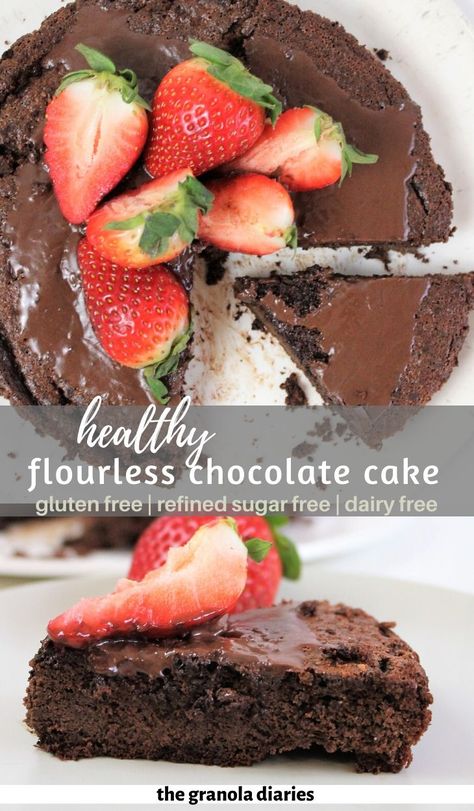 Healthy Gluten Free Flourless Chocolate Cake, also dairy free and refined sugar free. Perfect easy yet decadent dessert! #flourlesschocolatecake #glutenfree #dairyfree #refinedsugarfree #glutenfreedairyfree #easydessert Glutenfree Dairyfree Dessert, Healthy Gf Df Desserts, Gf Df Chocolate Cake, Dairy Free Flourless Chocolate Cake, Healthy Flourless Chocolate Cake, Gluten Free Sugar Free Dairy Free, Naturally Gluten Free Desserts, Gf Df Cake, Celiac Desserts