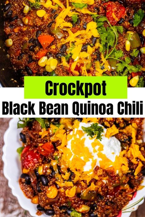 Crock-Pot Black Bean and Quinoa Chili Vegan Black Bean Recipes, Black Bean Quinoa Chili, Quinoa Chili Recipe, Beans Recipe Crockpot, Vegetarian Chili Crock Pot, Black Bean Chicken Chili, Black Bean And Quinoa, Vegan Casserole Recipes, Slow Cooker Quinoa