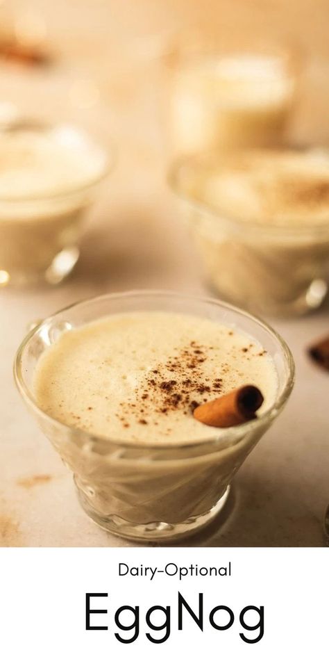 Dairy-Optional Eggnog with a cinnamon stick in a glass cup Healthy Eggnog Recipe, Paleo Eggnog, Healthy Eggnog, Keto Eggnog, Holiday Drink, Eggnog Recipe, Diet Drinks, Homemade Recipe, Holiday Drinks