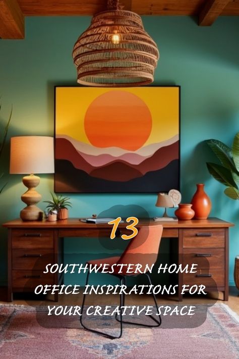 I absolutely love how this southwestern-inspired home office combines vibrant colors and natural elements! The stunning artwork featuring a warm sunset adds warmth and creativity to the space, while the wooden desk and unique lamp create a cozy and inviting atmosphere. If you're looking to enhance your workspace with a touch of southwestern charm, check out these 13 inspiring ideas for your own creative space! Southwestern Home Office, Southwest Office Decor, Southwest Office, Desert Office, Modern Victorian Bedroom Ideas, Rustic Wooden Desk, Boho Moody, Eclectic Dining Room, Warm Sunset