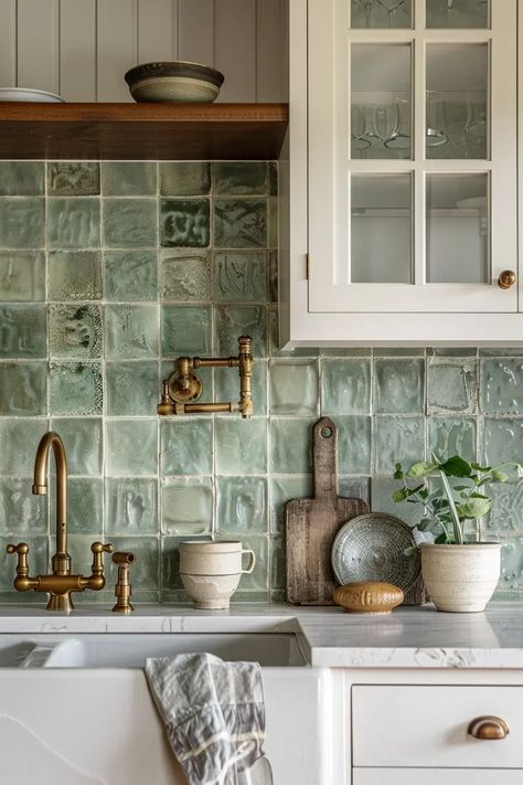 🌼 Trending Kitchen Backsplash Designs | VIVA French Tile Backsplash Kitchen, Cream Kitchen Cabinets Green Backsplash, Kitchen Backsplash Ideas Boho, All Tile Kitchen Walls, Kitchen Ideas Green Tiles, Green Cabinet Backsplash, Kitchen Backsplash Unique, White Kitchen Cabinets Green Backsplash, Jade Backsplash Kitchen