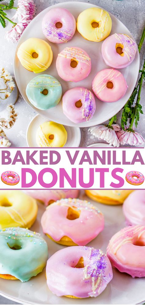 Baked Vanilla Donuts - Averie Cooks Mini Donuts Ideas, Donut Glaze Recipes, Homemade Baked Donuts, Mini Donut Recipes, Donut Icing, Shower Foods, Donut Batter, Doughnut Recipe Easy, Cake Donuts Recipe