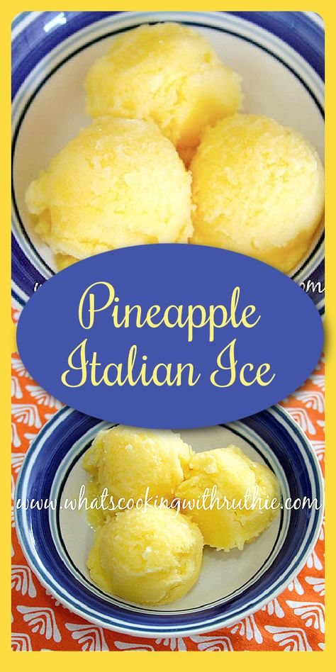 Our Pineapple Italian Ice Recipe is a delightful way to end your evening meal! Pineapple ice is also known as pineapple water ice–it’s a simple and refreshing recipe that will please all your guests. Our pineapple Italian ice has fresh pineapple, agave, honey, lemon juice, and ice cubes! #summerrecipe #pineapplerecipe #pineappleitalianice #italianicerecipe #italianice #pineapple refreshingrecipe || cookingwithruthie.com Water Ice Recipe, Italian Ice Recipe, Ice Recipe, Pineapple Ice Cream, Icee Recipe, Pineapple Water, Ice Cream Maker Recipes, Frozen Dessert Recipe, Pineapple Recipes