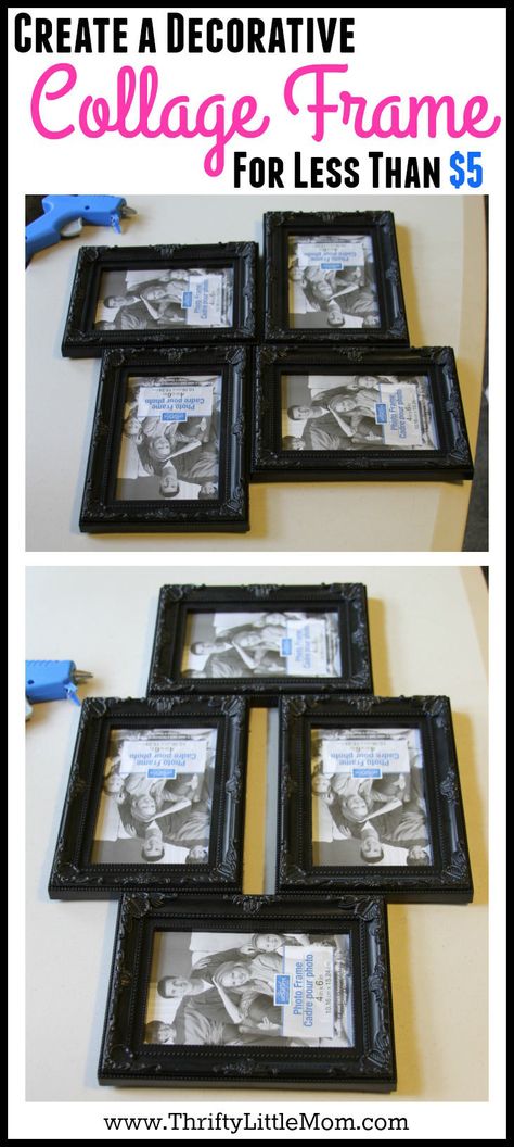 Create a decorative collage frame for less than $5. There are 4 easy to follow collage frame ideas in this post.  The blog post provide step by step picture instructions for collage frame diy projects and costs under $5 to make! Collage Picture Frames Diy, Diy Picture Frame Collage, Diy Picture Frame Collage Ideas, Dollar Tree Picture Frames Ideas, Diy Multi Picture Frame, Diy Picture Collage, How To Make A Photo Collage On Canvas, Canvas Photo Collage Diy, Diy Collage Picture Frames